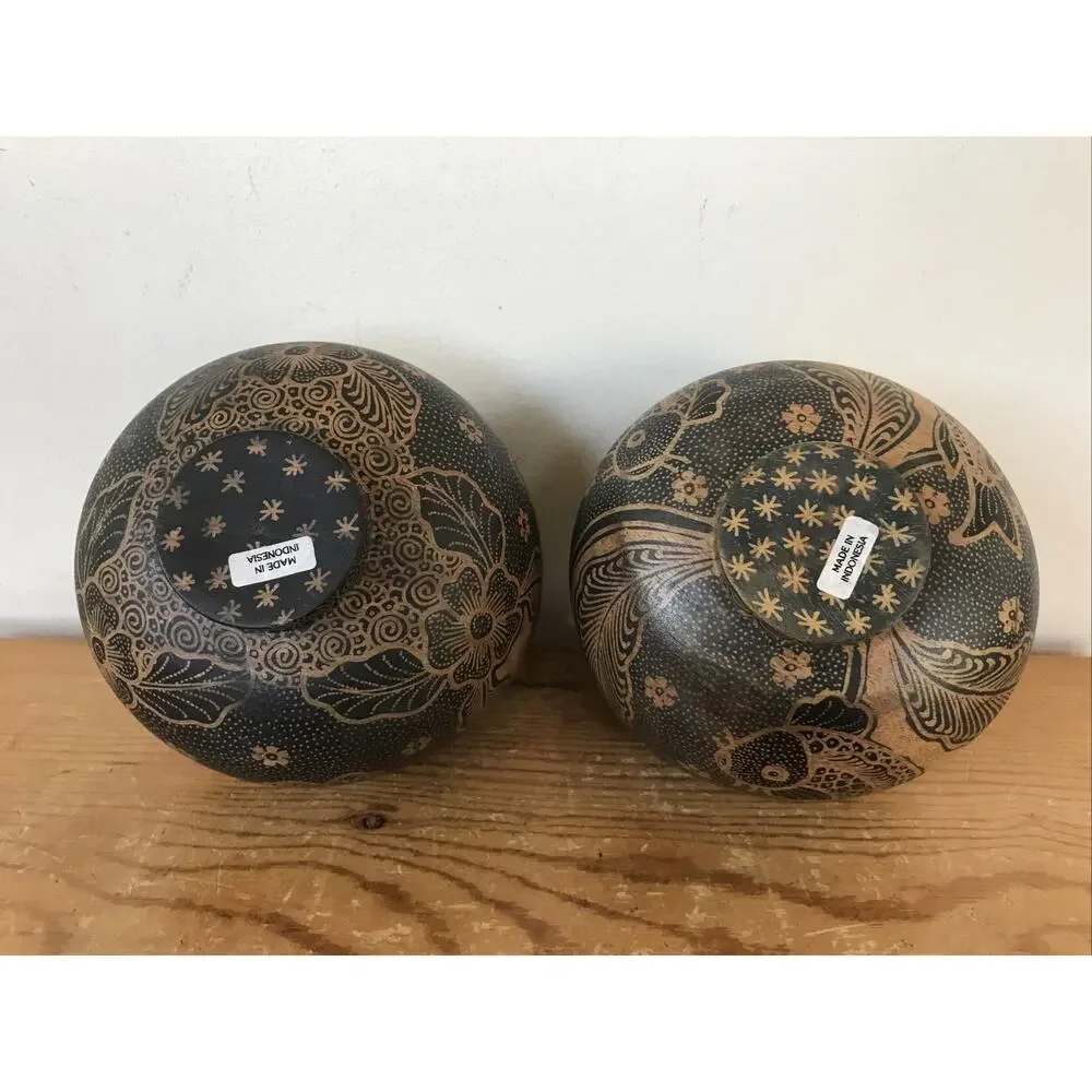 Set Pair 2 Wooden Carved Painted Koi Miso Bowls Woven Wooden Basket Indonesia